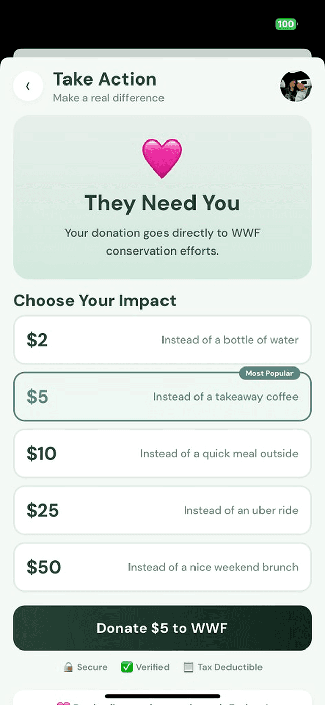 Endura WWF donation screen